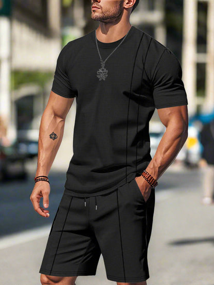 Man wearing a black shorts set on a city background